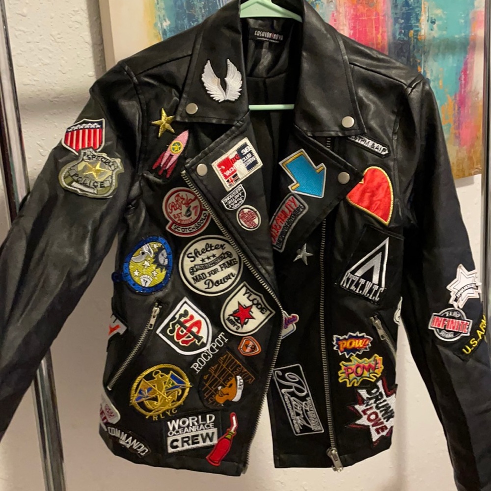 Cool black leather jacket with awesome patchwork